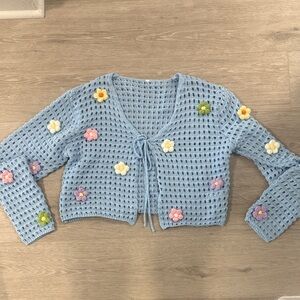 Blue Crochet Tie-Front Floral Sweater Cardigan 🌼